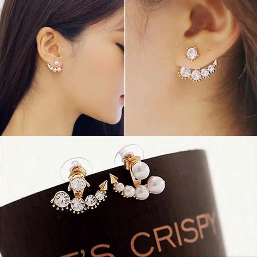 Mismatched Pearl & Rhinestone Ear Climber Stud Earrings - Gold Tone